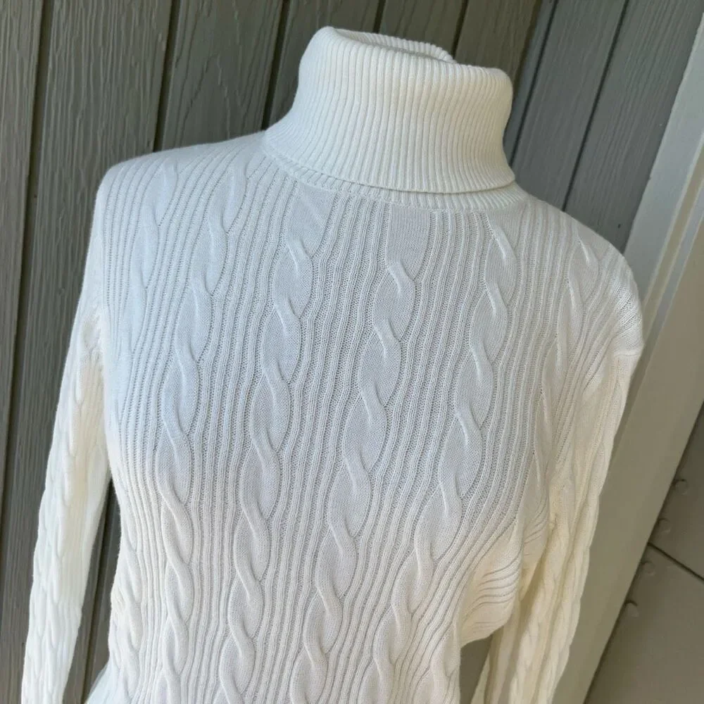 Lands’ End Lighthouse Ivory Cotton Cable Knit Turtleneck Sweater NWT M